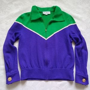 Rare St John Collection knit embroidered crest logo zip up colorblock